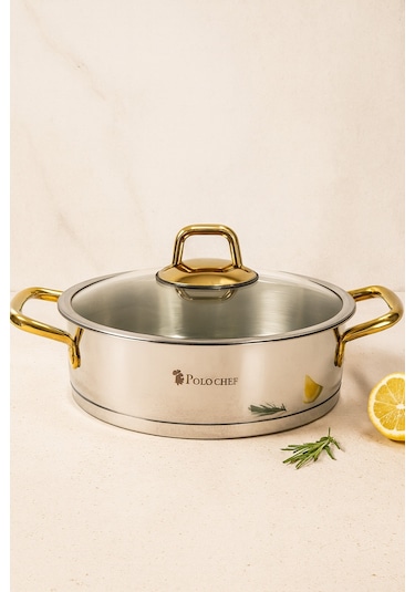 Polochef 24 Cm Paslanmaz Çelik Basık Tencere 3,2 Lt Geniş Tabanlı Pilav Ve Sote Tenceresi -34 Altın