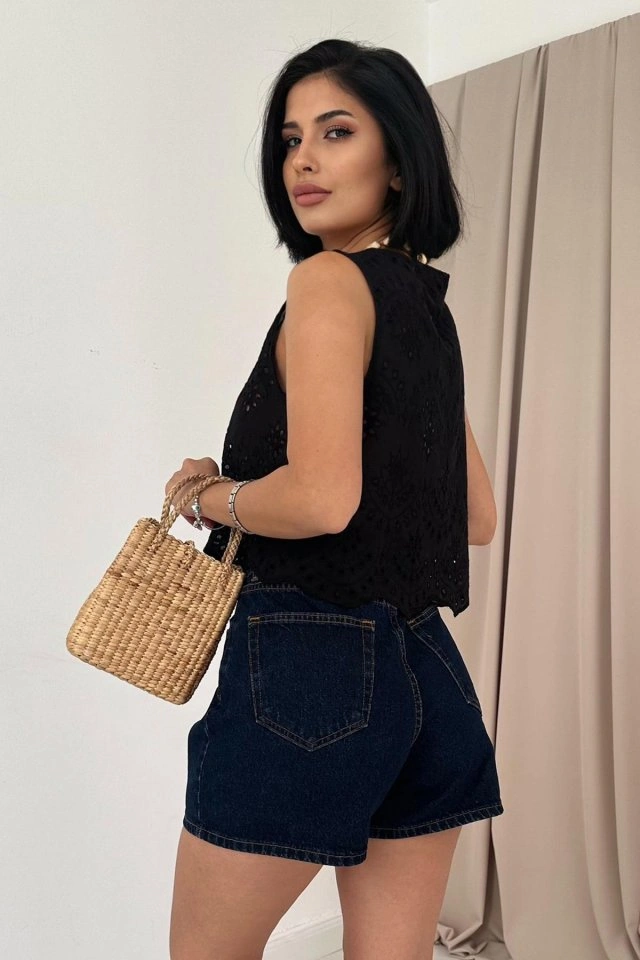 Nova Bazaar Siyah Sıfır Kol Brode Bluz Siyah