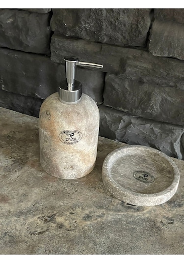Yeni Silver Traverten Doğal Taş Tepsili Sıvı Sabunluk Seti Beyaz