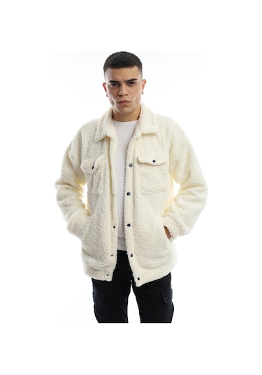 Erkek Kıvırcık Peluş Cıt Cıt Kapamalı Ceket Ekru