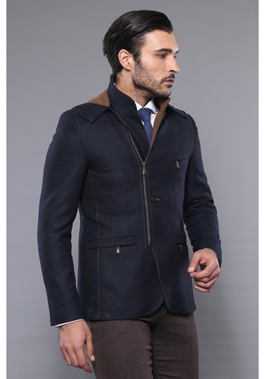 3 Cepli Kapüşonlu Fermuarlı Yün Lacivert Kısa Kaban - Wessi Siyah