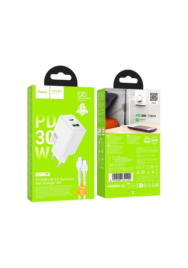 Hoco N71 Pd30w + Qc3.0 Çift Portlu Şarj Cihazı 1m Tip-c İle 8 Pin Veri Kablosu, Özellikler: Ab Fişi Beyaz Beyaz