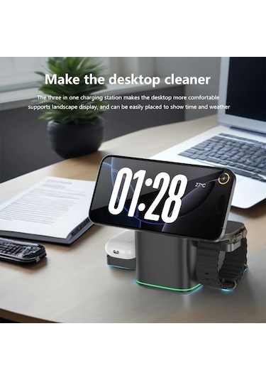 Topshop1 3ü 1 Arada Siyah Kablosuz Manyetik Dönebilir Katlanabilir Seyahat Şarj Cihazı