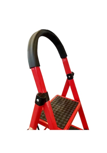 Asil Metal 3 Basamaklı Katlanır Merdiven Kaymaz Yüzeyli Basamaklı Ev Tipi 150 Kg Taşıma Kapasiteli Kırmızı 1 Adet