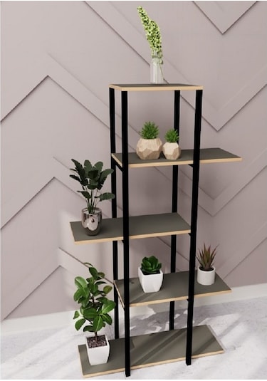 Dekoratif 5 Raflı Metal Çiçeklik Saksı Standı Saksılık Füme 1350