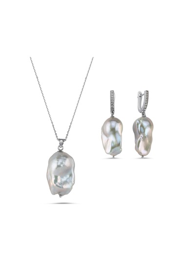 Gri Barok Doğal İnci Kolye Küpe İkili Set - Sarı