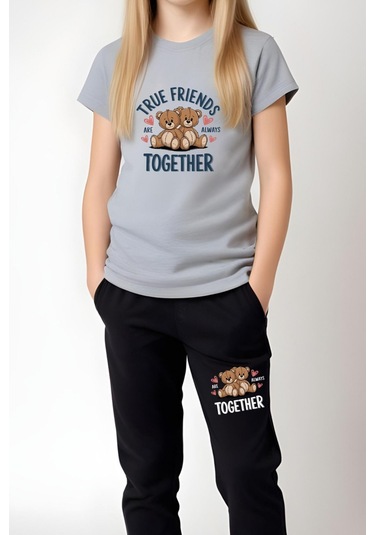 True Friends Baskılı Kız Çocuk Tişört Ve Eşofman Alt-üst Takım Gri