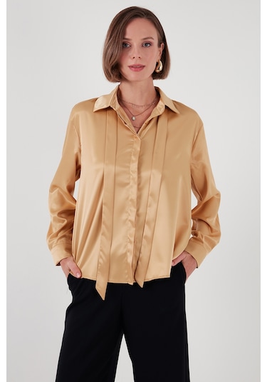 Lela Regular Fit Bağlama Detaylı Saten Bayan Gömlek 611Go00159 Gold