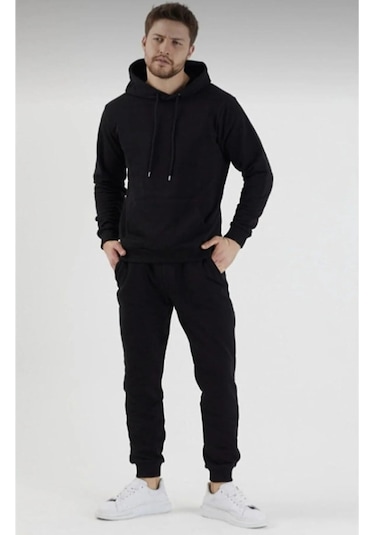 Hırsch Kapüşonlu Siyah Eşofman Takımı Unisex Oversize 2 Iplik Siyah