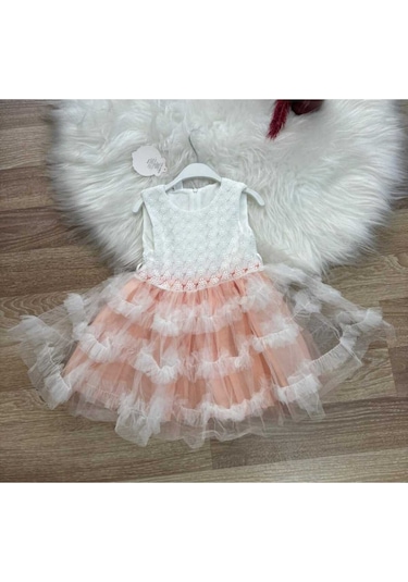 Kız Çocuk Güpür Tül Detaylı Pembe Mor Kat Kat Prenses Elbise Pembe