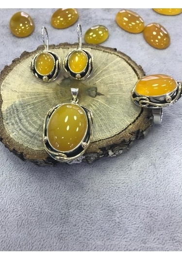 Sarı Akik Taşlı El Işi Gümüş Set 925 Ayar