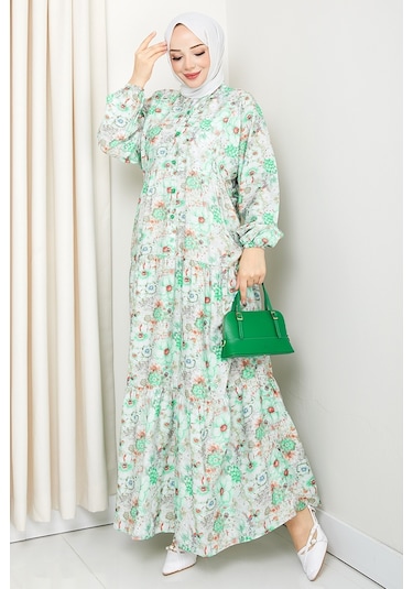 Elera Desenli Yarasa Kol Tesettür Elbise 1572 - Yeşil Yeşil