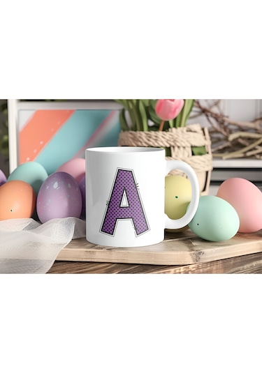 A Harfi Mor Puantiyeli Kupa Bardak - Polka Dot Tasarım Kahve Çay Bardak - Kişiye Özel Hediyelik Beyaz