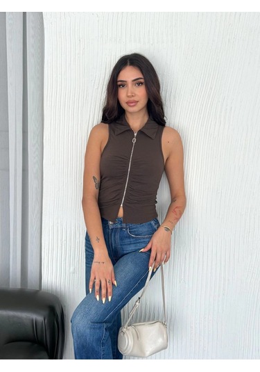 Yakalı Tam Fermuarlı Kolsuz Bluz - Kahverengi Siyah