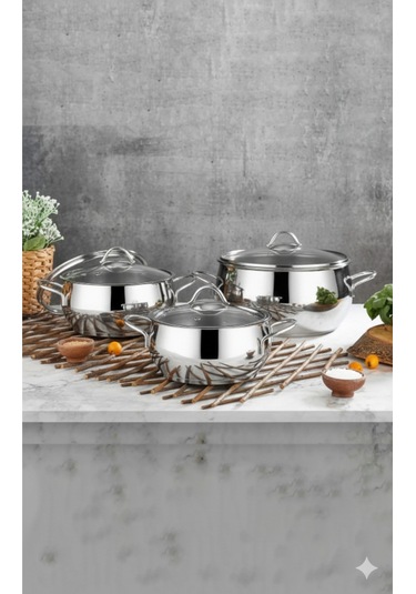 Polochef Pro Line 18/10 Paslanmaz Çelik Kulplu Derin Tencere Seti Çorba Tencere Seti 8 Parça 18-20-22-24cm Gümüş