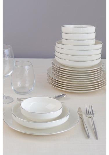 Tabak Evi Sofia Platin Porselen Yemek Takımı 24 Parça 6 Kişilik Beyaz - Gümüş