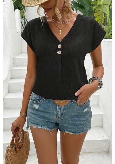Kadın Kısa Kollu V Yakalı Düğmeli Keten Bluz Karışık