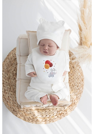 Lilabio %100 Organik Isme Özel Isimli Yazlık 10lu Hastane Çıkışı Fil Ve Kırmızı Balonlar Ekru