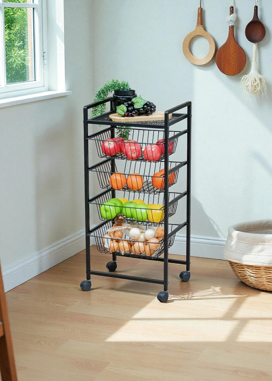 Dekoratif Siyah Metal Sebzelik Tekerlekli 4 Raflı Tel Sepetli Çok Amaçlı Stand Siyah