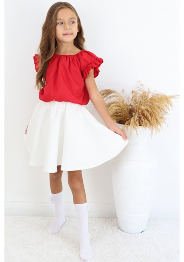 Kız Çocuk Kırmızı Bluz Krem Etek 23 Nisan 29 Ekim Gösteri Takımı Kırmızı-ekru