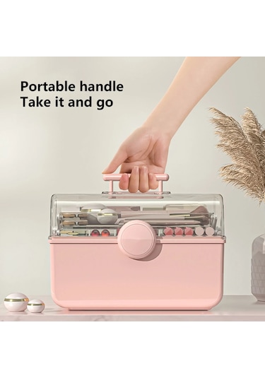 Sones Kozmetik Saklama Kutusu Plastik Anti-toz Şeffaf Masaüstü İlaç Kutusu L Pembe