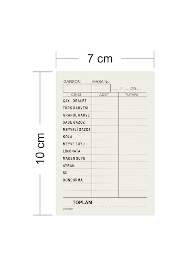 Kafe  Çay Kahve  Adisyon Sipariş Fişi  A7 Tek Nüsha  500 Cilt
