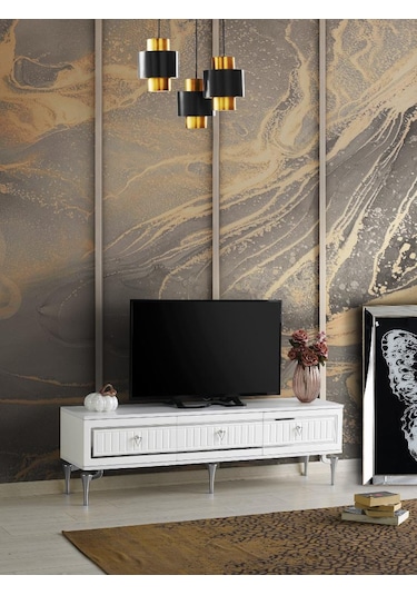 150 CM KLAS METAL AYAK MDF MEBRAN KAPAK TV SEHPASI BEYAZ GÜMÜŞ