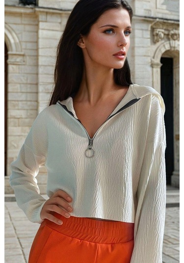 Ekru, Yarım Fermuarlı, Kapüşonlu, Casual Bluz Ekru