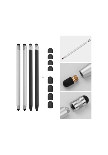 Moveevo 4 Adet Metal Stylus Kalem - Çift Uçlu Silikon Uçlu Dokunmatik Kalemler - Telefon Ve Tablet İçin Hassas Dokunma - 2 Siyah 2 Gümüş