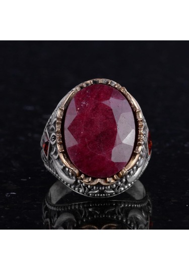 Gerçek Doğal Taş Yüzük - El Yapımı 925 Ayar Gümüş Yüzük - El Yapımı Yüzük Yakut Gümüş