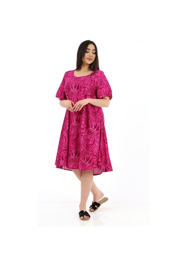 Schık Kadın Viskon Yarım Kol Kare Yaka Elbise Magenta Fuşya