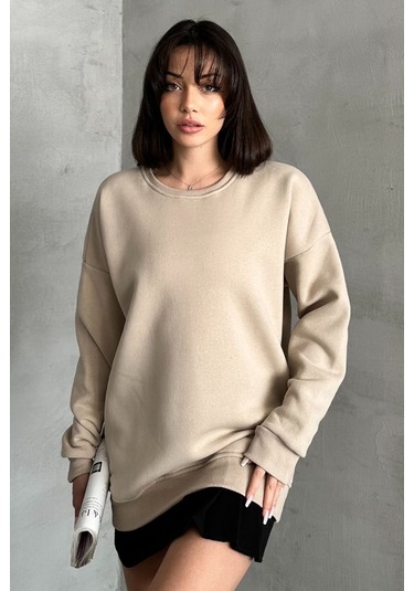 Kadın Bej Bisiklet Yaka Oversize Sweatshirt Bej