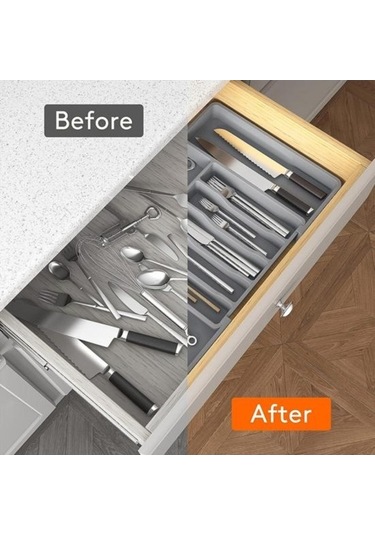 Pazly Genişletilebilir Gri Çatal Bıçak Takımı Kutusu Çekmece Düzenleyici Gri