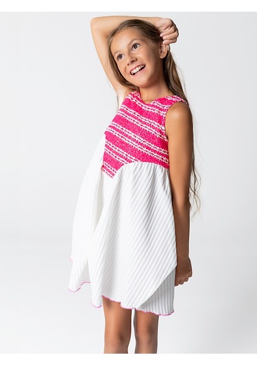 Sheshe Göğsü İşlemeli Kolsuz Pileli Kız Çocuk Elbise Renkli