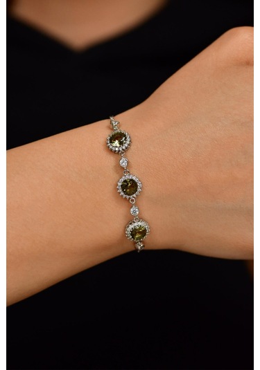 Zultanit Taşlı Rodyum Yuvarlak Üç Sıra Anturaj Gümüş Bileklik