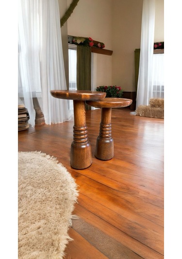 Wood Ahşap 2'li Set Fitilli Mantar Yan Sehpa Açık Ceviz Renk