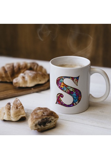 S Harfi Bardak 330 Ml İsme/harfe Özel Hediye, Renkli Harf Tasarım Beyaz