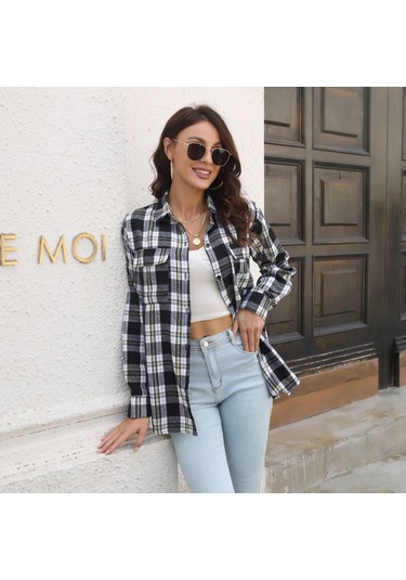 Gmxıa Kadın Modası Günlük Ekose Baskı Uzun Kollu Polo Yaka Bluzlar Ve Gömlekler Kırmızı