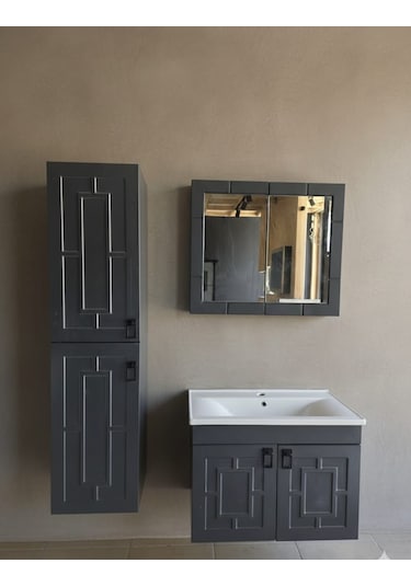 Mr Clk Antrasit Gri 80 Cm Banyo Alt Dolap + Üst Dolap + Yan Boy Dolap +lavabo Antrasit - Gri