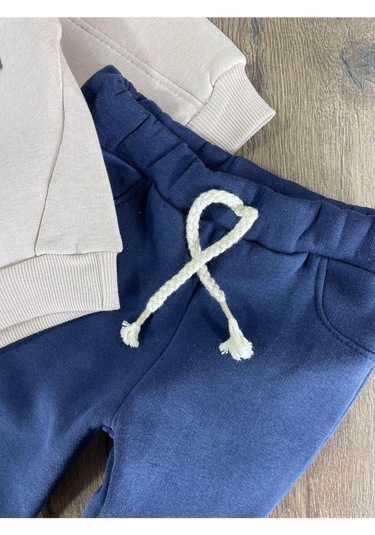 3 İplik İçi Şardonlu Armalı Kışlık Erkek Bebek Takım Kese Kağıdı Beyaz - Lacivert