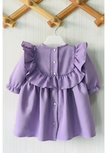 Fırfır Ve Kurdele Detaylı Lila Krep Tasarım Kız Çocuk Bebek Elbise 001