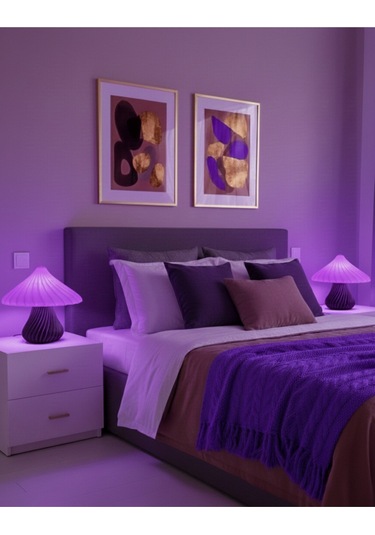 Sincara Home Mantar Abajur / Siyah Gövde 9 Renk Mor Şapka