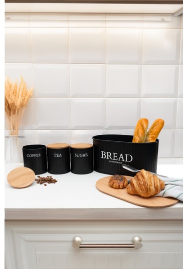Ahşap Kapaklı Metal Ekmeklik, Çay, Kahve, Şeker 4\'lü Set Siyah Siyah