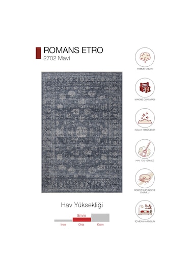 Enti Etro 2702 Vintage Makine Halısı - Robot Süpürge Uyumlu Dikdörtgen Halı Mavi