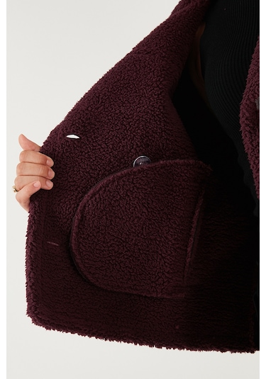 Lela Oversize Kruvaze Yaka Peluş Detaylı Suni Deri Biker Ceket Bayan Mont 6810247 Bordo