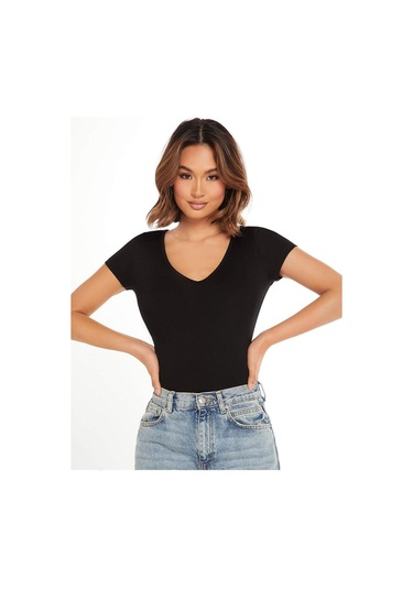 V Yaka Siyah Renk Fitilli Kısa Kollu Slim Fit Crop Top Bluz Siyah