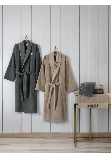 Cotton Box Folk Art Aile Bornoz Seti Yamka Bej-antrasit Antrasit Bej