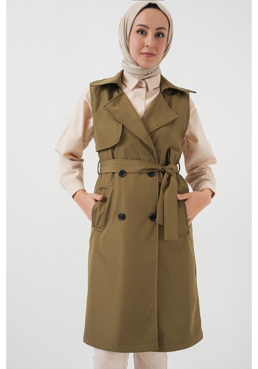 5911 Kruvaze Yaka Trençkot Yelek - Haki haki