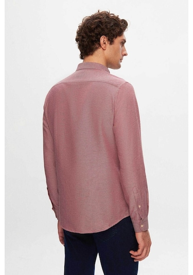 D'S Damat Ds Damat Slim Fit Bordo Armürlü Düğmeli Yaka Pamuklu Gömlek 5HC02ORT07265 Bordo