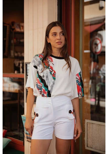 Kadın Asimetrik Desenli Kısa Kollu Bluz Frn1006 Siyah